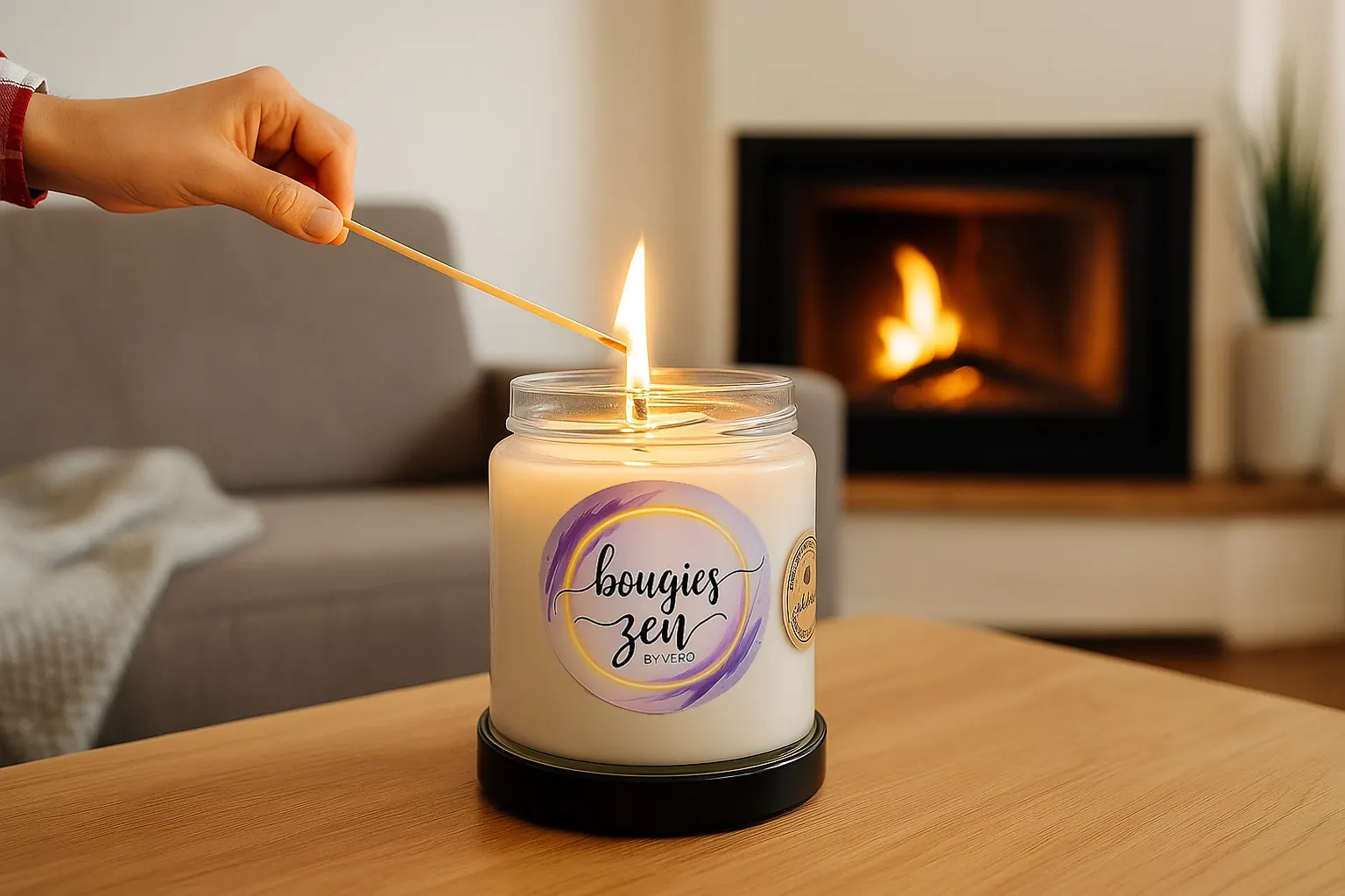 Allumage d'une bougie Bougies Zen by Véro devant un feu de cheminée